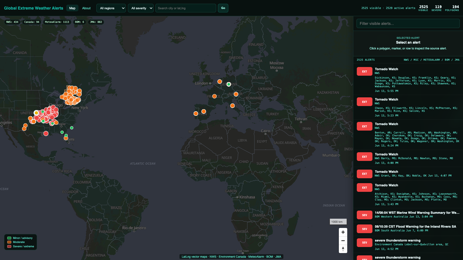 Screenshot of the LatLng global extreme weather alerts map showing active alerts across North America and Europe